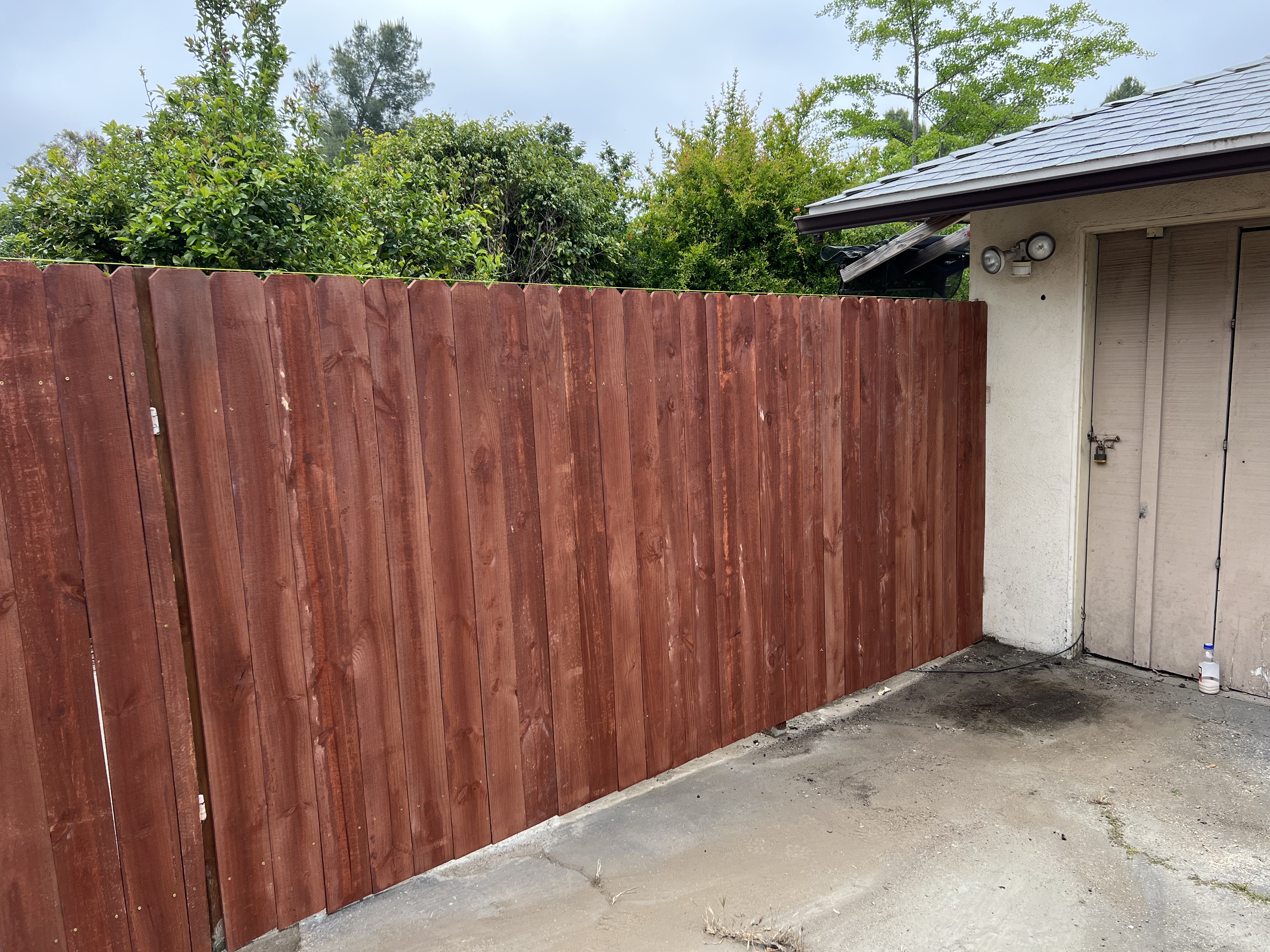 Stained cedar wood privacy fence — dark red-brown finish, residential backyard